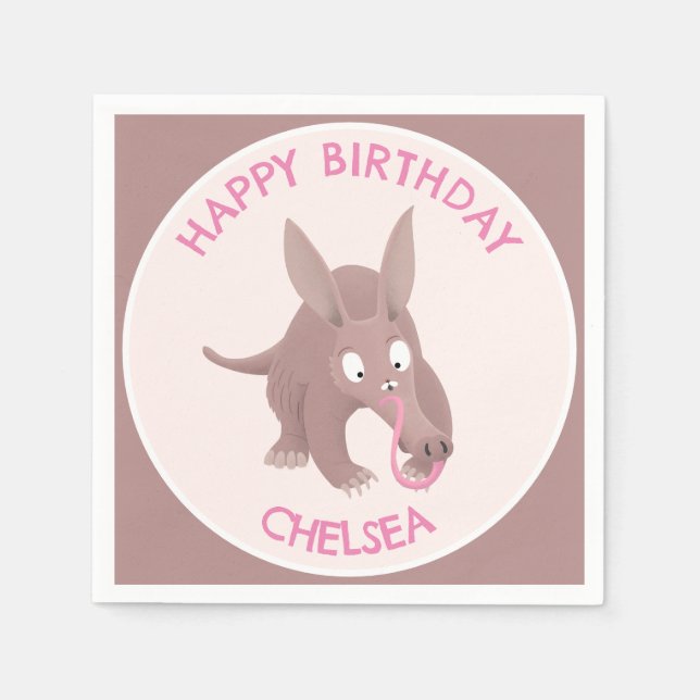 Cute funny personalised aardvark birthday napkin (Front)