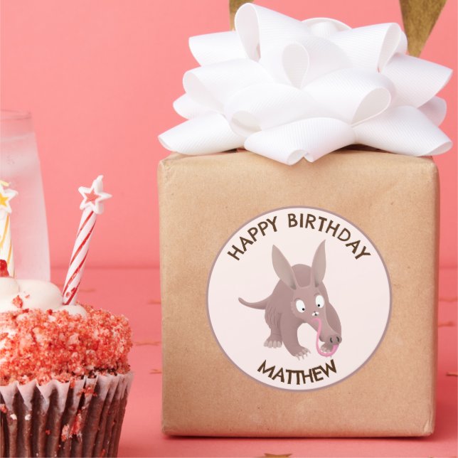 Cute funny personalized aardvark birthday classic round sticker (Party)