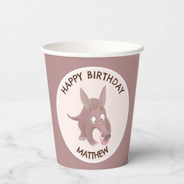 Cute funny personalized aardvark birthday paper cups (Back)