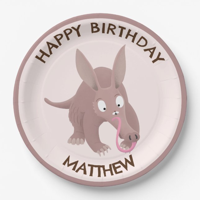Cute funny personalized aardvark birthday paper plate (Front)