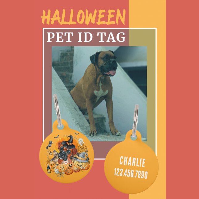 Cute Funny Personalized Boxer Dog Halloween Pet Tag (Front and Back)
