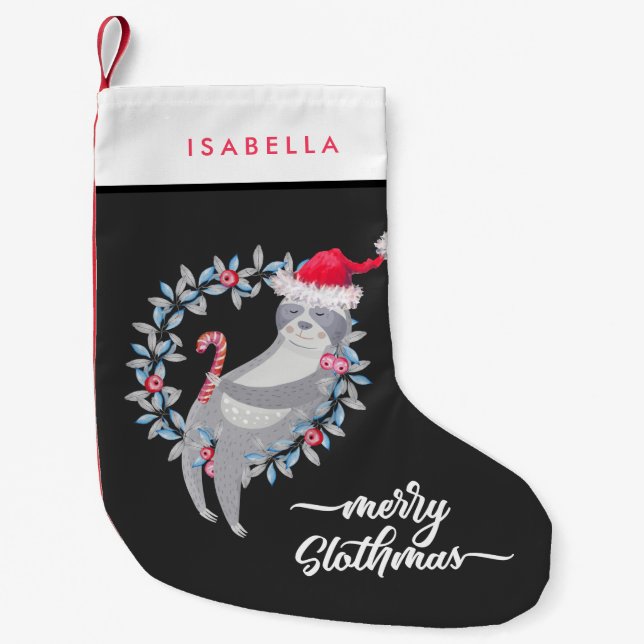 Cute Funny Personalized Sloth Holiday Small Christmas Stocking (Front)
