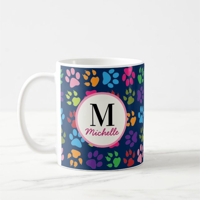 Cute Funny Pet Paw Print on Navy Monogrammed Coffee Mug (Left)
