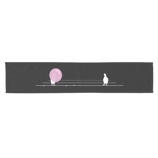 Cute Funny Pink Bubble Gum Birds On a Wire Black Short Table Runner (Horizontal)