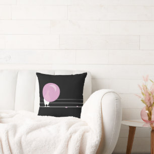 Cute Funny Pink Bubble Gum Birds On a Wire Black Throw Pillow
