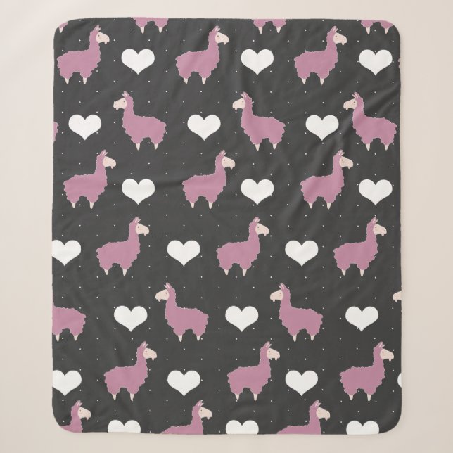 Cute Funny Pink Llamas & Hearts Sherpa Blanket (Front)