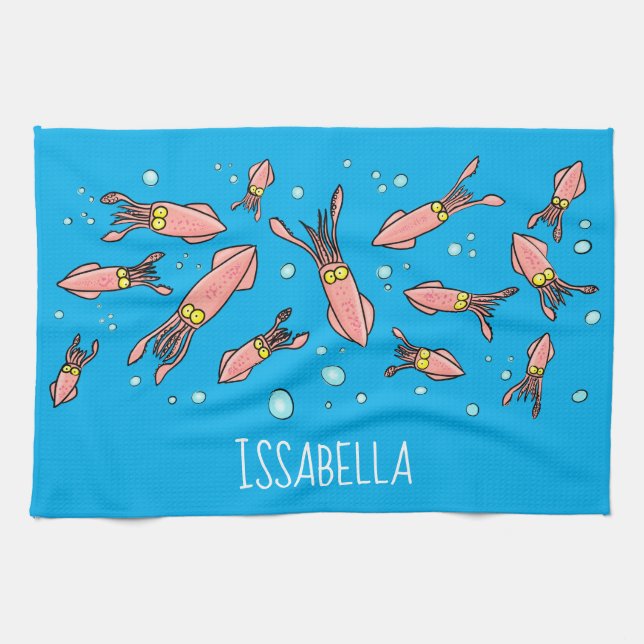 Cute funny pink squid cartoon pattern kitchen towel (Horizontal)