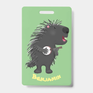 Cute funny porcupine playing banjo cartoon badge