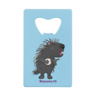 Cute funny porcupine playing banjo cartoon credit card bottle opener