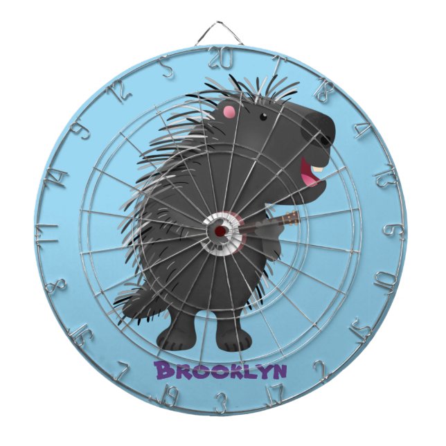 Cute funny porcupine playing banjo cartoon dartboard (Front)