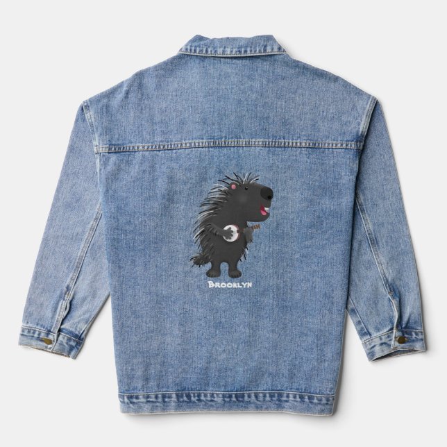Cute funny porcupine playing banjo cartoon  denim jacket (Back)