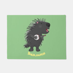 Cute funny porcupine playing banjo cartoon doormat