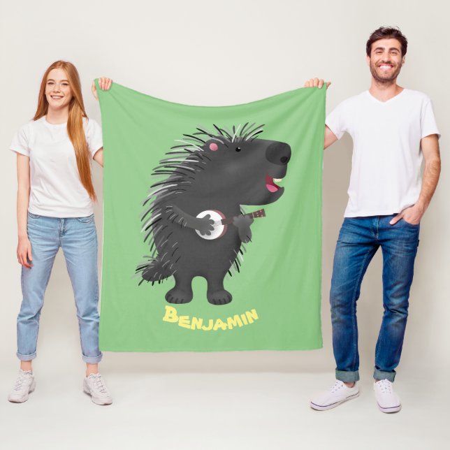 Cute funny porcupine playing banjo cartoon fleece blanket (In Situ)