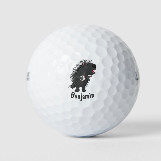 Cute funny porcupine playing banjo cartoon golf balls (Front)