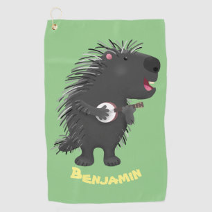 Cute funny porcupine playing banjo cartoon  golf towel