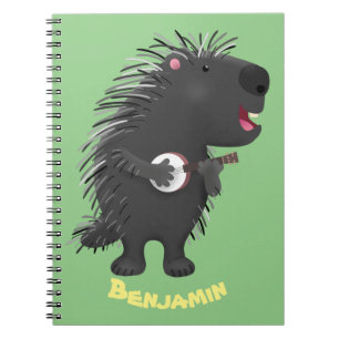 Cute funny porcupine playing banjo cartoon notebook