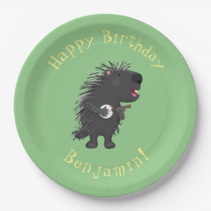 Cute funny porcupine playing banjo cartoon paper plate