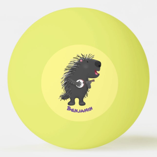 Cute funny porcupine playing banjo cartoon ping pong ball (Front)