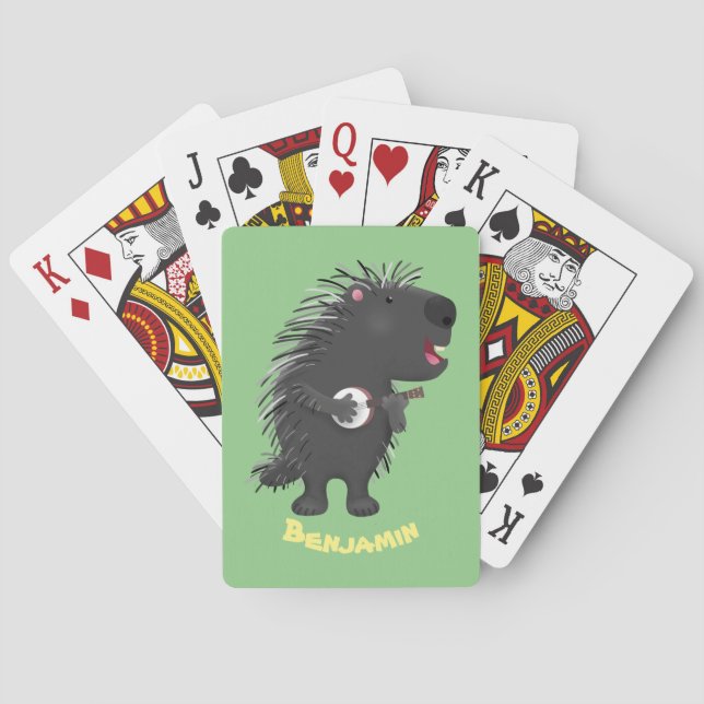 Cute funny porcupine playing banjo cartoon playing cards (Back)