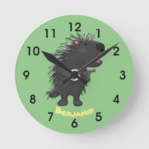 Cute funny porcupine playing banjo cartoon round clock