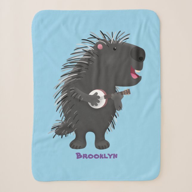 Cute funny porcupine playing banjo cartoon sherpa blanket (Front)