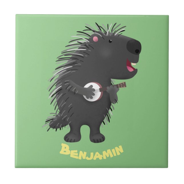 Cute funny porcupine playing banjo cartoon tile (Front)