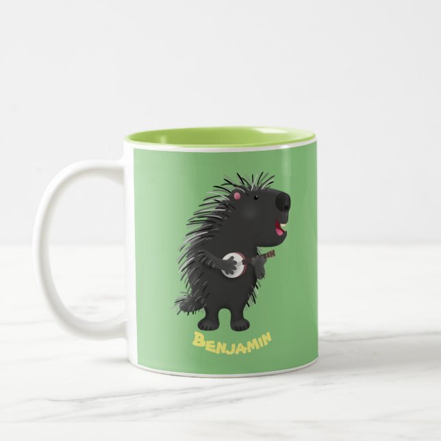 Cute funny porcupine playing banjo cartoon  Two-Tone coffee mug (Left)