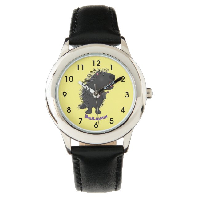 Cute funny porcupine playing banjo cartoon watch (Front)