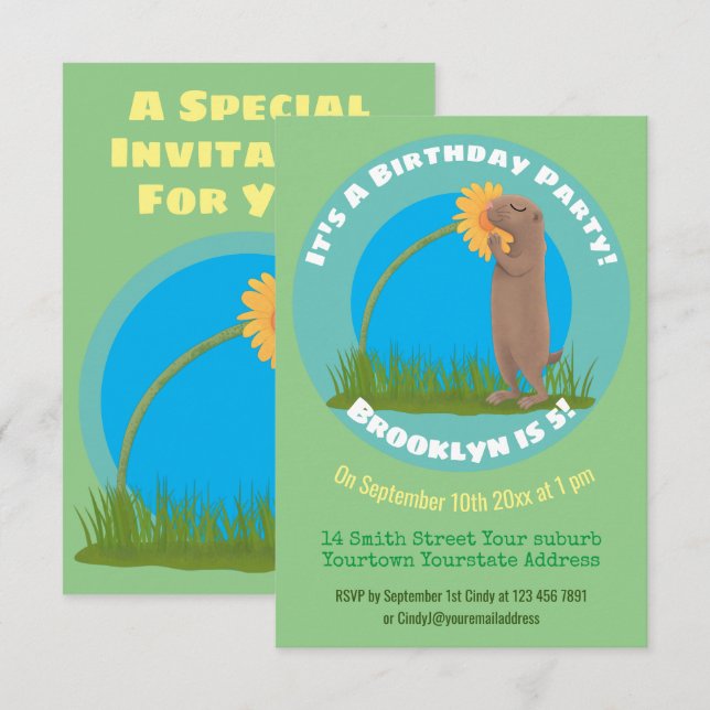 Cute funny prairie dog with flower cartoon invitation (Front/Back)