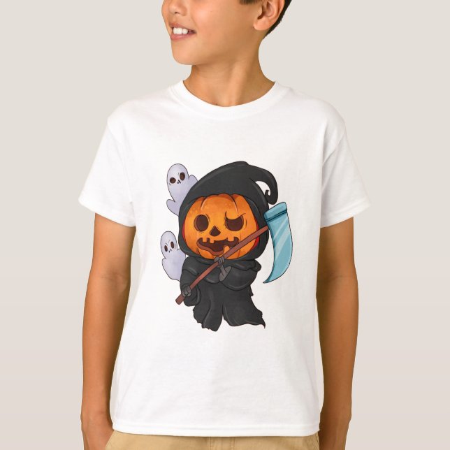 Cute Funny Pumpkin Head Grim Reaper T-Shirt (Front)