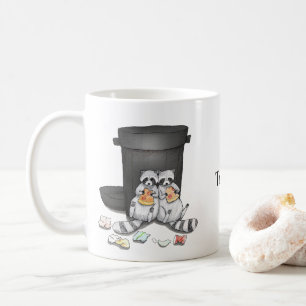 Cute Funny Raccoon Couple Eating Pizza Custom Name Coffee Mug