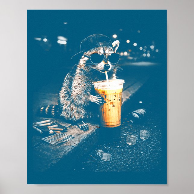 Cute Funny Raccoon Drinking Iced Coffee Poster (Front)