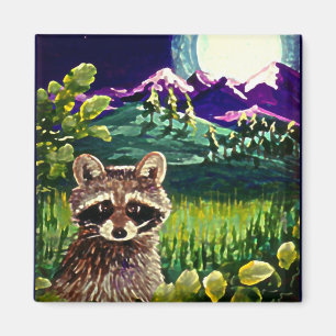 Cute Funny Raccoon Moon Mountains Creationarts LRA Magnet