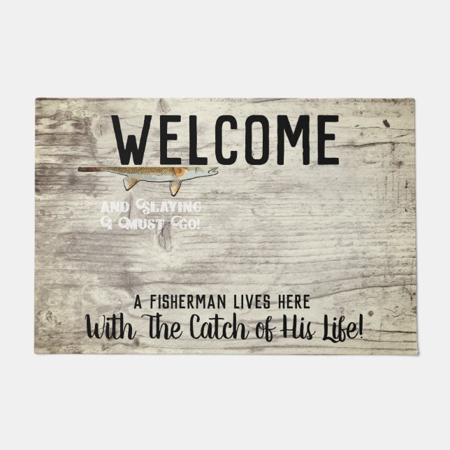 Cute Funny Redfish Welcome Fishing Quote Doormat (Front)