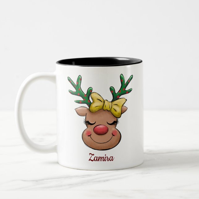 Cute Funny Reindeer Name Personalized Christmas Two-Tone Coffee Mug (Left)