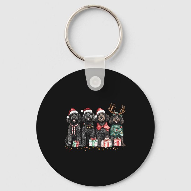 Cute Funny Reindeer Santa Black Goldendoodle Dogs  Keychain (Front)