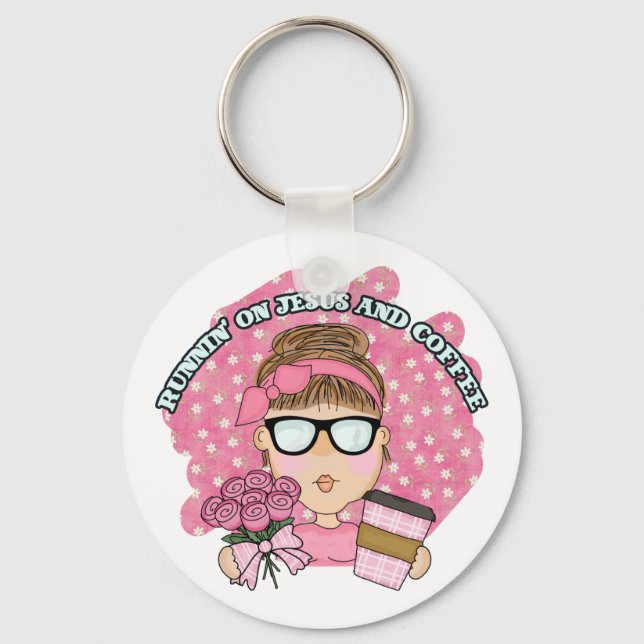 Cute Funny Running on Jesus and Coffee Christian  Keychain (Front)