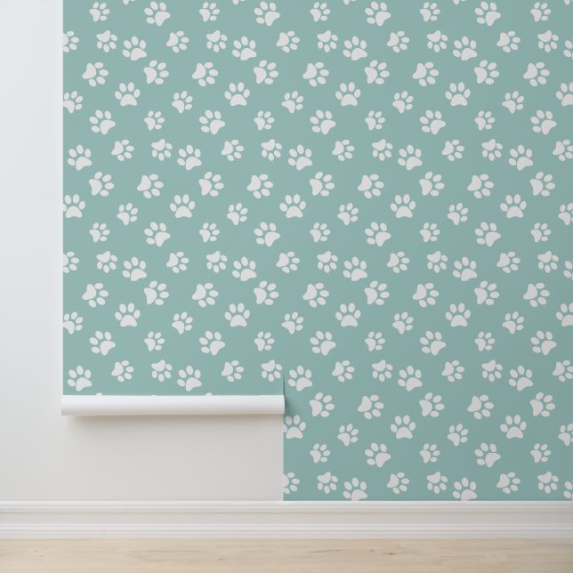   Cute Funny Sage Green & White Cat Dog Paw Prints Wallpaper (Application)