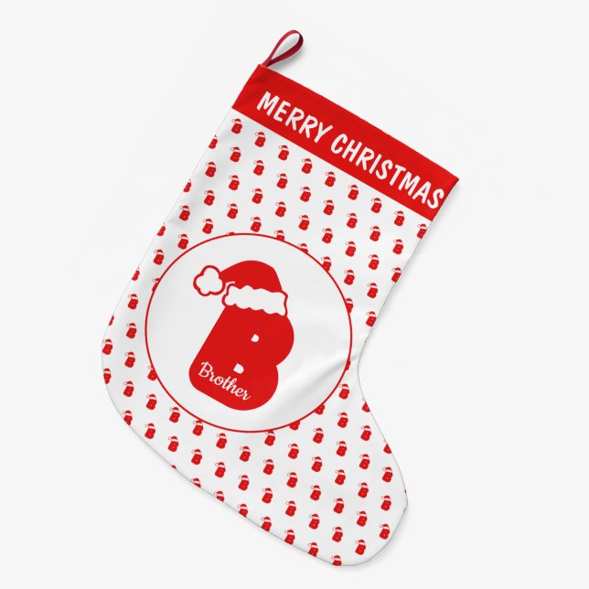 Cute Funny Santa Claus Hat Pattern Monogrammed B Large Christmas Stocking (Front (Hanging))