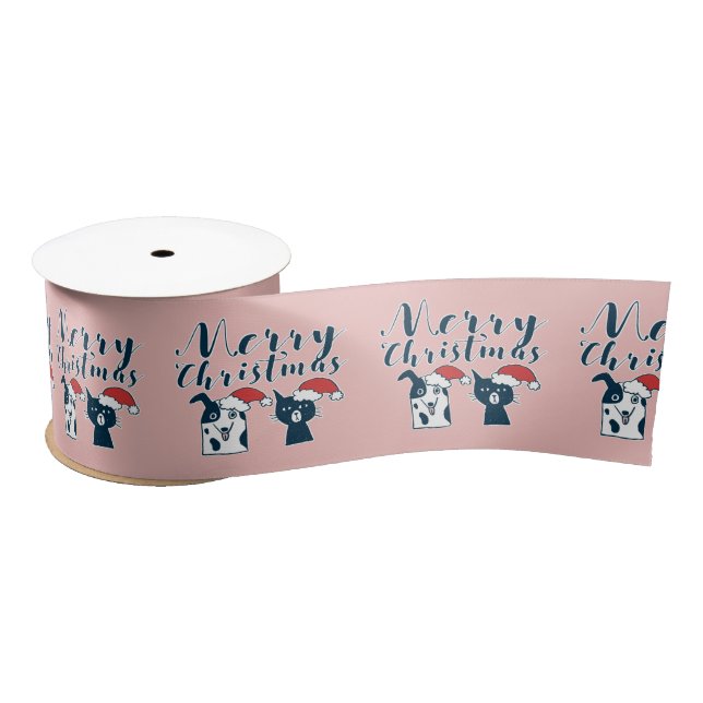 Cute Funny Santa Dog Cat | Merry Christmas Satin Ribbon (Spool)