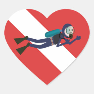CUTE FUNNY SCUBA DIVER WITH RED DIVING FLAG GIFT HEART STICKER
