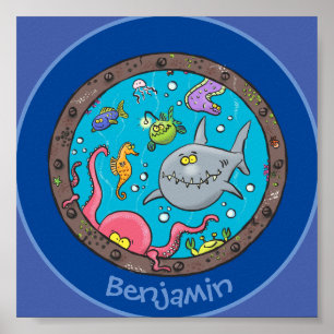 Cute funny sea creatures cartoon illustration poster