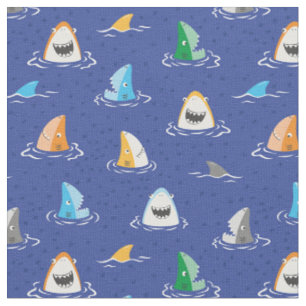 Cute funny sharks and fins on blue fabric