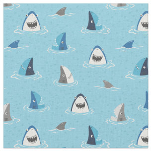 Cute funny sharks and fins on light blue fabric