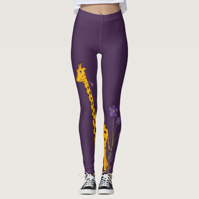Cute Funny Skating Cartoon Giraffe Leggings (Front)