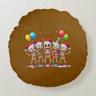 Cute Funny Skeletons Christmas & New Year Celebrat Round Pillow