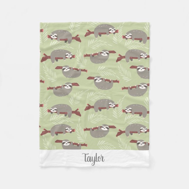 Cute Funny Sloth Hanging in Tree Custom Name Text Fleece Blanket (Front)