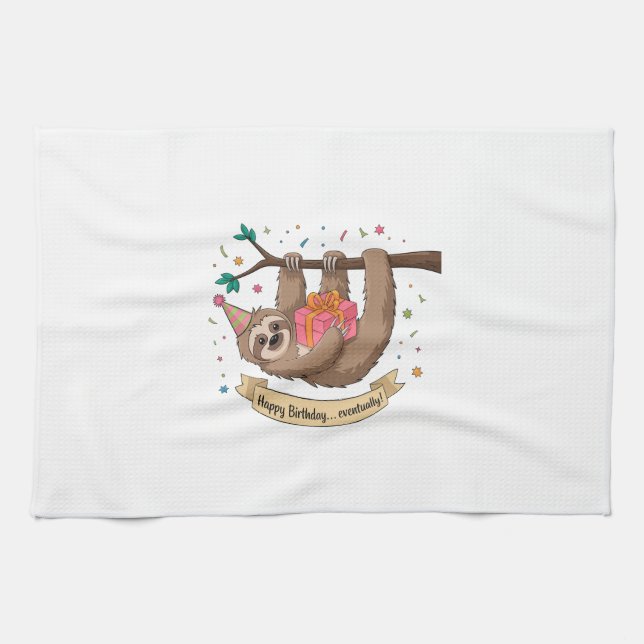 Cute Funny Sloth Happy Birthday Kitchen Towel (Horizontal)