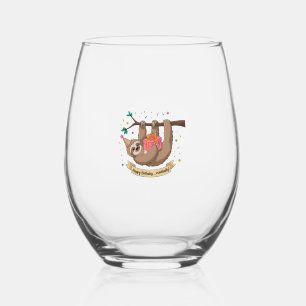 Cute Funny Sloth Happy Birthday Stemless Wine Glass