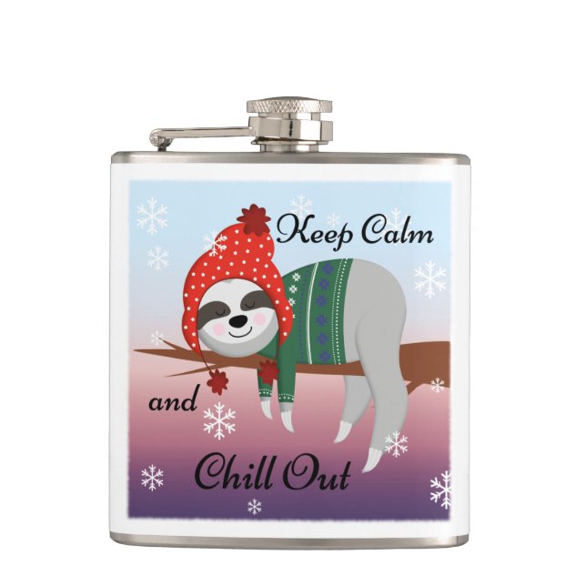 Cute Funny Sloth in Winter Hat & Scarf Cartoon Hip Flask (Front)
